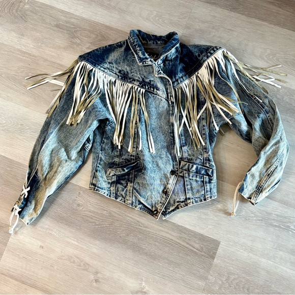 Vintage Denim and White Leather Fringe Removable Shoulder Pads Sz M - Picture 3 of 9